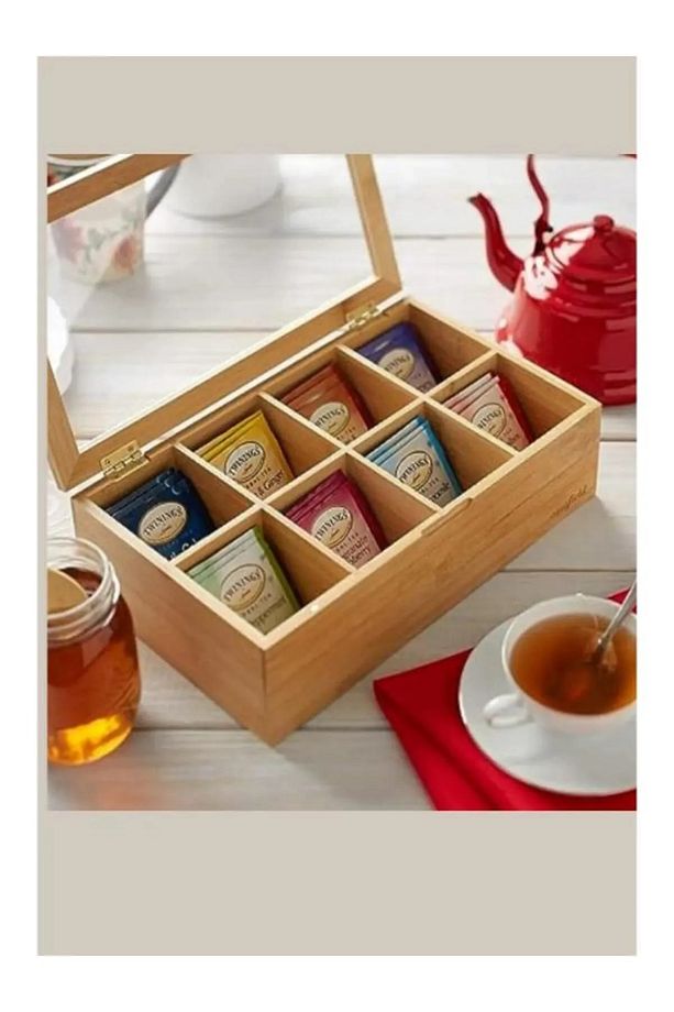 8 Bölmeli Bambu Poşet Çay Kutusu 20x30cm Bambu Organizer Kutu Takı Aksesuar Kutusu - 2