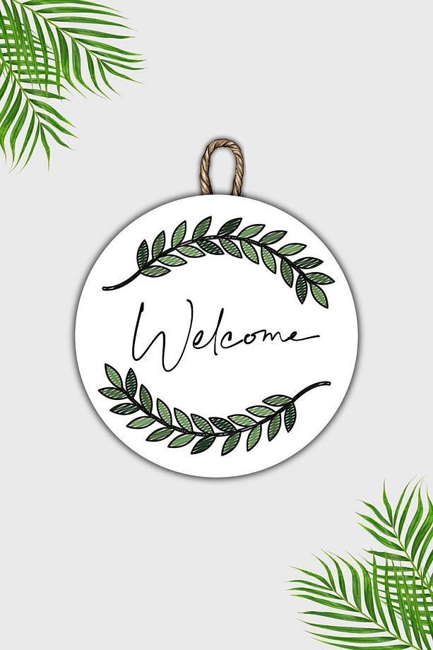 Modern Kapı Süsü - Dijital Ahşap Baskı - Yeşil Yapraklı Welcome - Tasarım Dış Mekan Kapı Süsü - 3