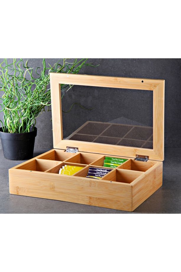 8 Bölmeli Bambu Poşet Çay Kutusu 20x30cm Bambu Organizer Kutu Takı Aksesuar Kutusu - 1