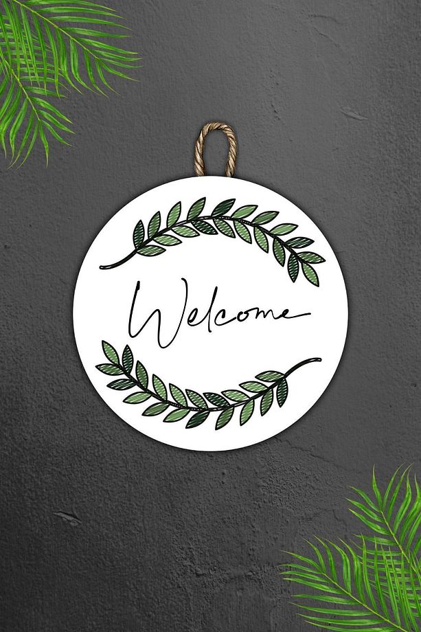 Modern Kapı Süsü - Dijital Ahşap Baskı - Yeşil Yapraklı Welcome - Tasarım Dış Mekan Kapı Süsü - 7