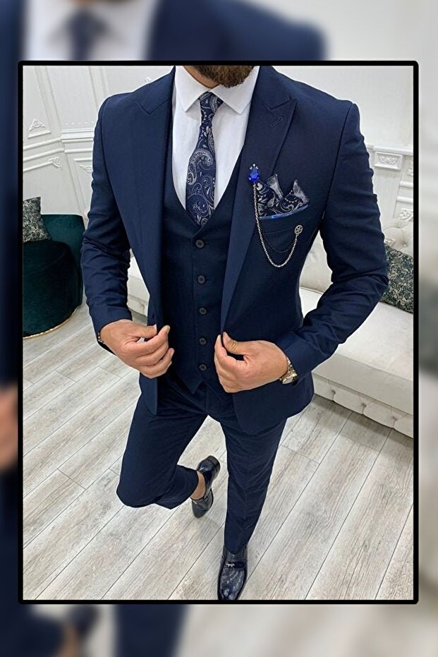 Men's Navy Blue Slim Fit Solid Color Suit with Vest (Necktie and Collar Ornament Gift)