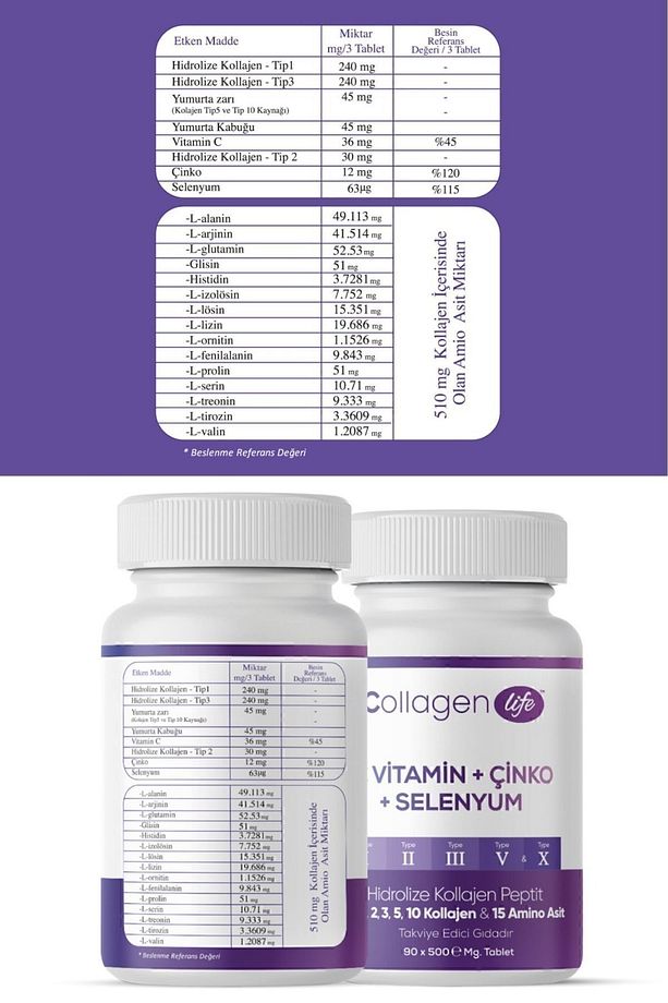 5 Tip Kolajen Tip 1, Tip 2, Tip 3, Tip 5 ,tip 10, ( Selenyum , C Vitamini Ve Çinko ) 90 Tablet - 5