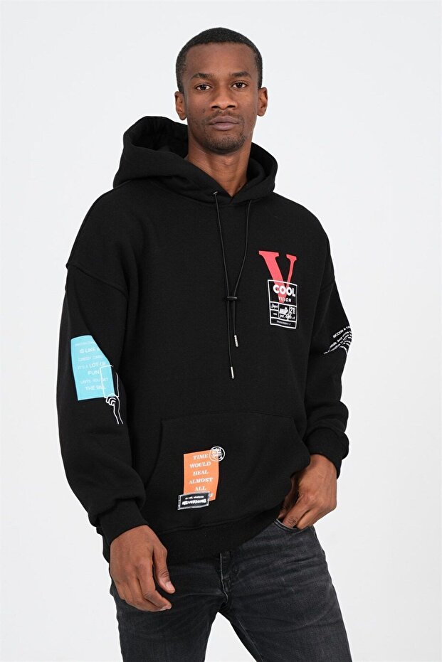 V Cool Baskılı Siyah Kapüşonlu Oversize Sweatshirt - 5