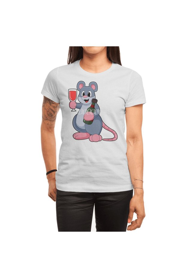 Men's and Women's White T-Shirt - Mouse with Glass of Wine & Bottle Wine Pattern