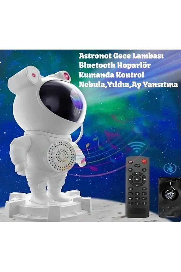 Astronot Robot Tasarım Bluetooth Hoparlörlü Gökyüzü Gece Lambası Zamanlama Kumandalı Projektör - 1