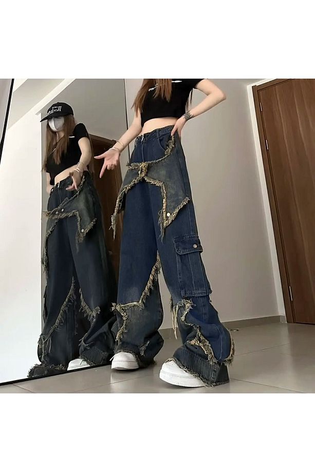Tech Aesthetic Y2k Stars Patch Detay Yıkamalı Pantolon - 2