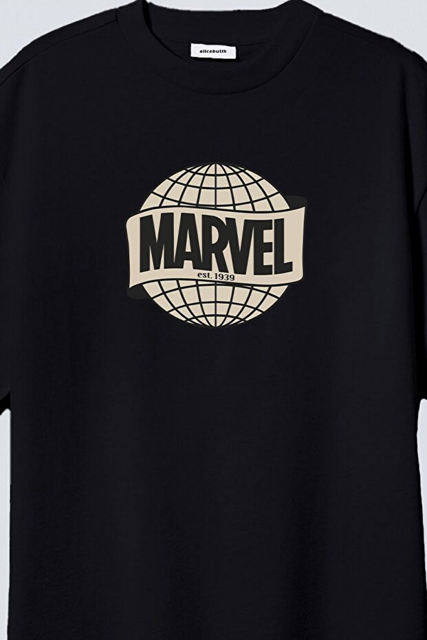 Marvel est1393 Logo Printed Marvel Oversize Unisex Black T-shirt