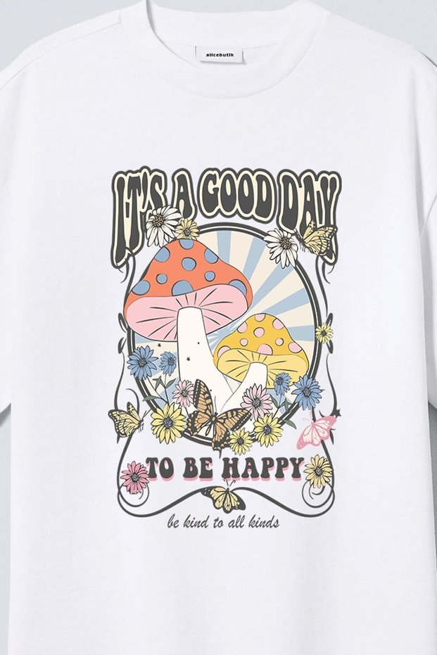White Oversize Cotton Combed Cotton Women's T-shirt - 'It's A Good Day' Printed, Pink