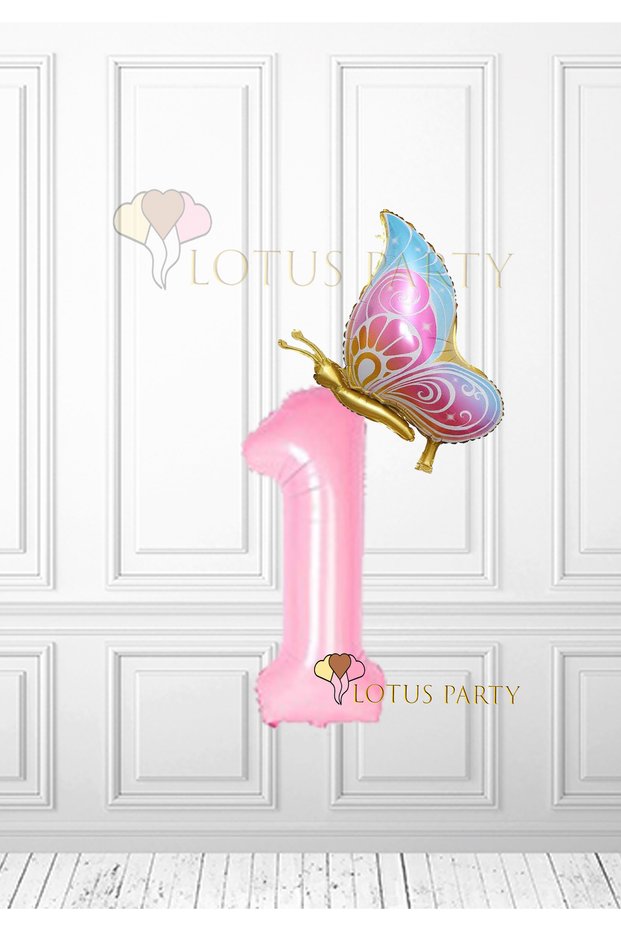Butterfly Pink Number Foil Balloon - Pink Number - Gold Butterfly Foil Balloon 1 Year Old