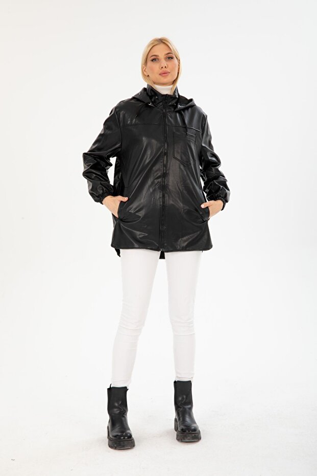 Deri Oversize Kapüşonlu Yağmurluk - 2