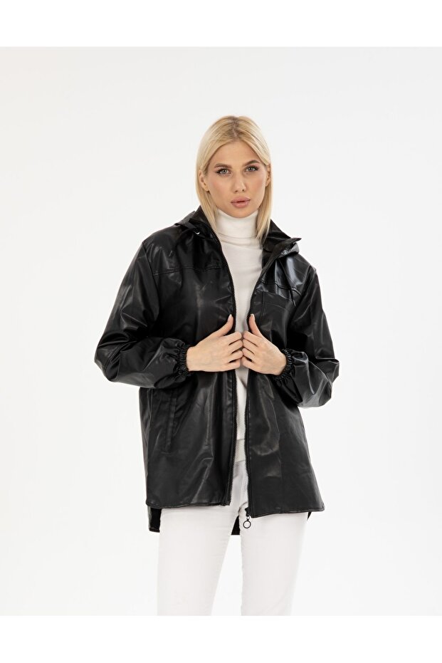 Deri Oversize Kapüşonlu Yağmurluk - 1