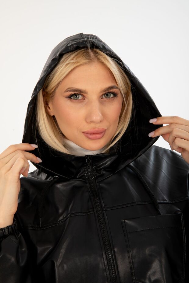 Deri Oversize Kapüşonlu Yağmurluk - 5