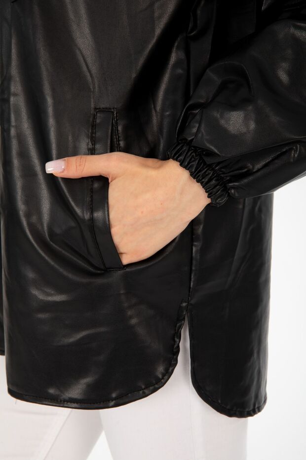Deri Oversize Kapüşonlu Yağmurluk - 7
