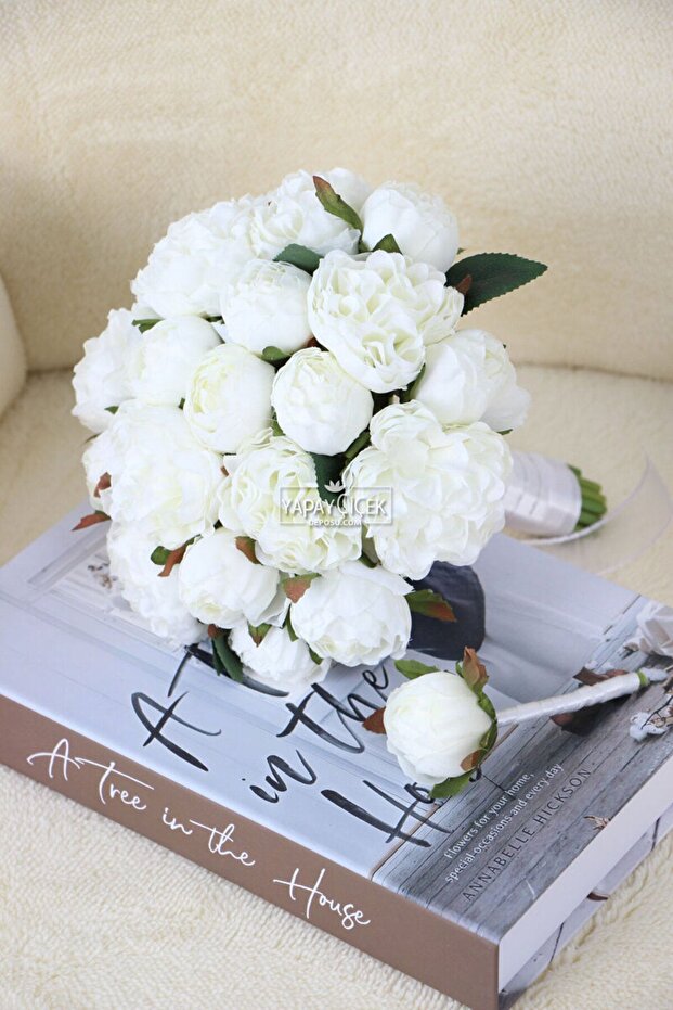 Bride Bouquet 20-Piece Ridged Peonies Roses White