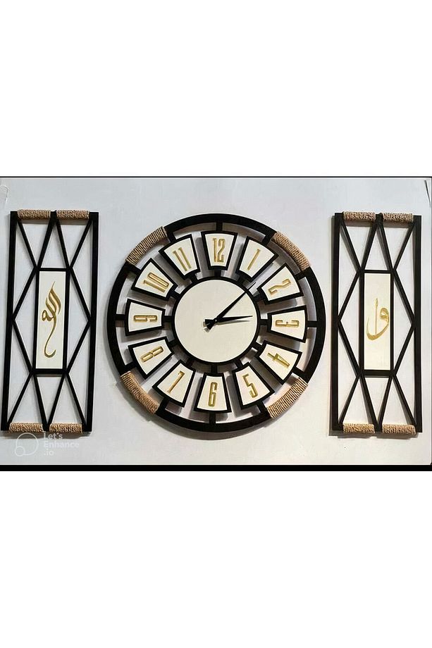 50x50 Dekoratif 3 Lü Set Ahşap Halatlı Duvar Saati - 1