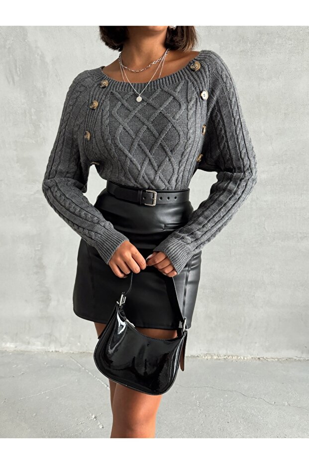 Boat Neck Diamond Patterned Buttoned Sweater - 2