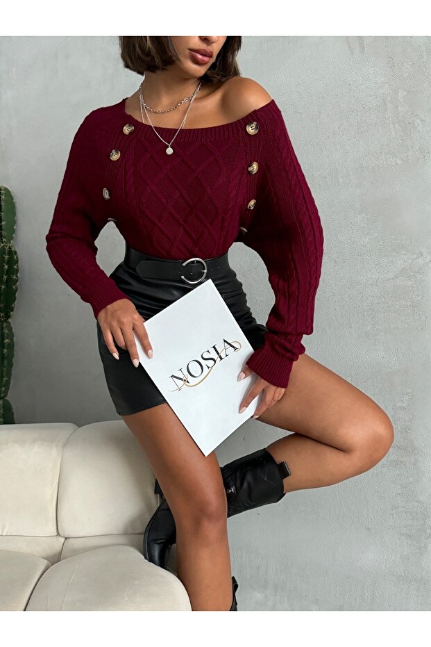 Boat Neck Diamond Patterned Buttoned Sweater - 1