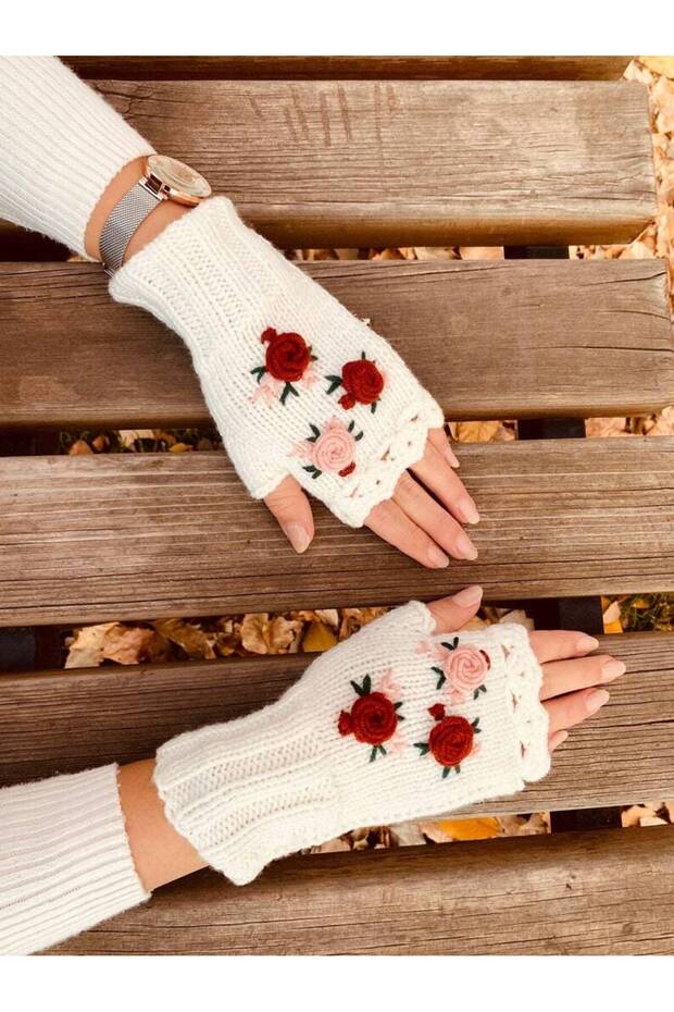 Parmaksız Çiçek İşlemeli Eldiven, eldiven , Tığ işi eldiven - 1