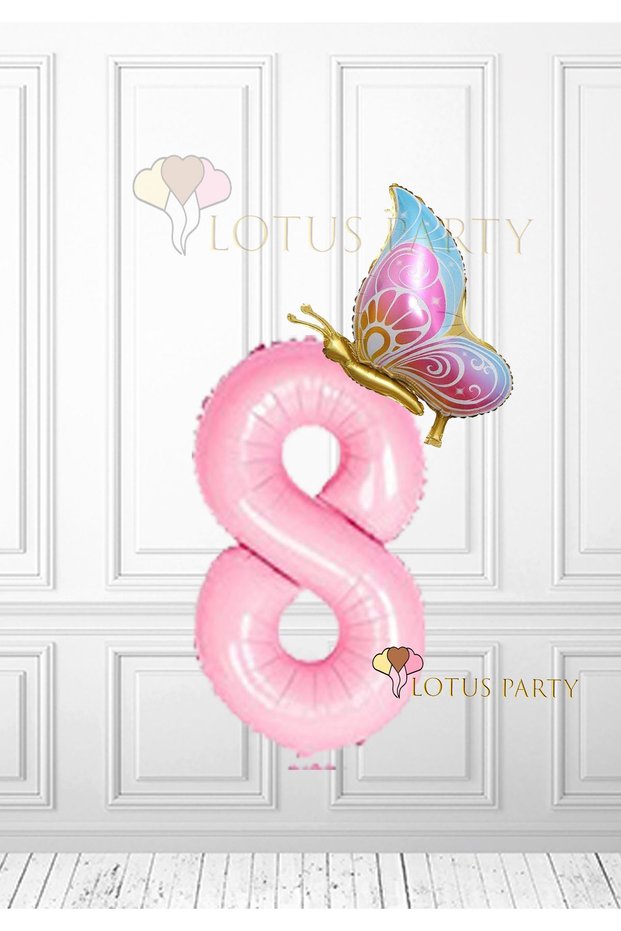 Butterfly Pink Number Foil Balloon - Pink Number - Gold Butterfly Foil Balloon Age 8