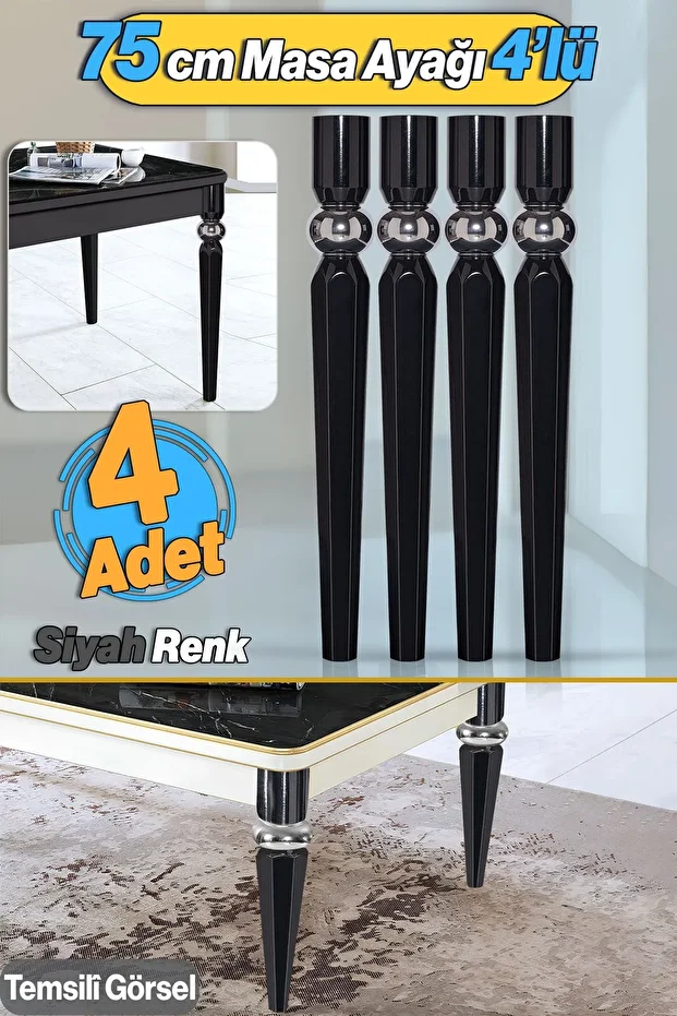 4 Adet Elips Masa Dresuar Ayağı 75 Cm Plastik Siyah Krom Ayak Mutfak Yemek Masası Mobilya Ayakları - 1