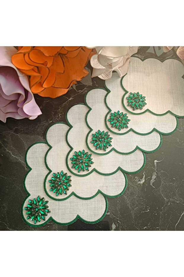 Fleur De Pierre (TAŞ ÇİÇEK) Zümrüt Yeşili Kahve Yanı Kokteyl Peçetesi Leke Tutmayan Kumaş 6 Adet - 8