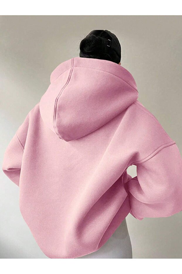 Unisex V-Yaka Kapüşonlu Basic Oversize Swetshirt - 3