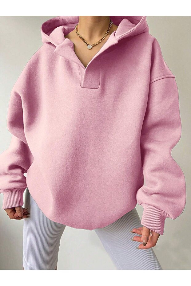 Unisex V-Yaka Kapüşonlu Basic Oversize Swetshirt - 1