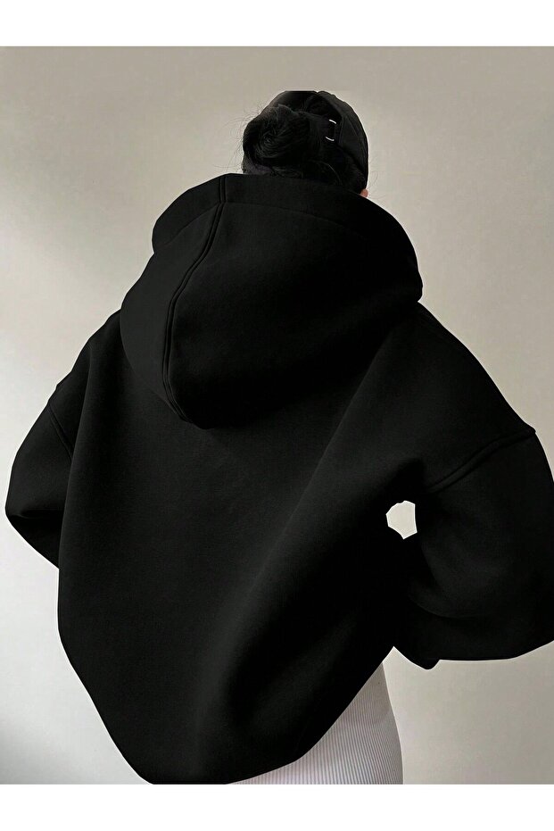 Unisex V-Yaka Kapüşonlu Basic Kol Baskılı Oversize Swetshirt - 3