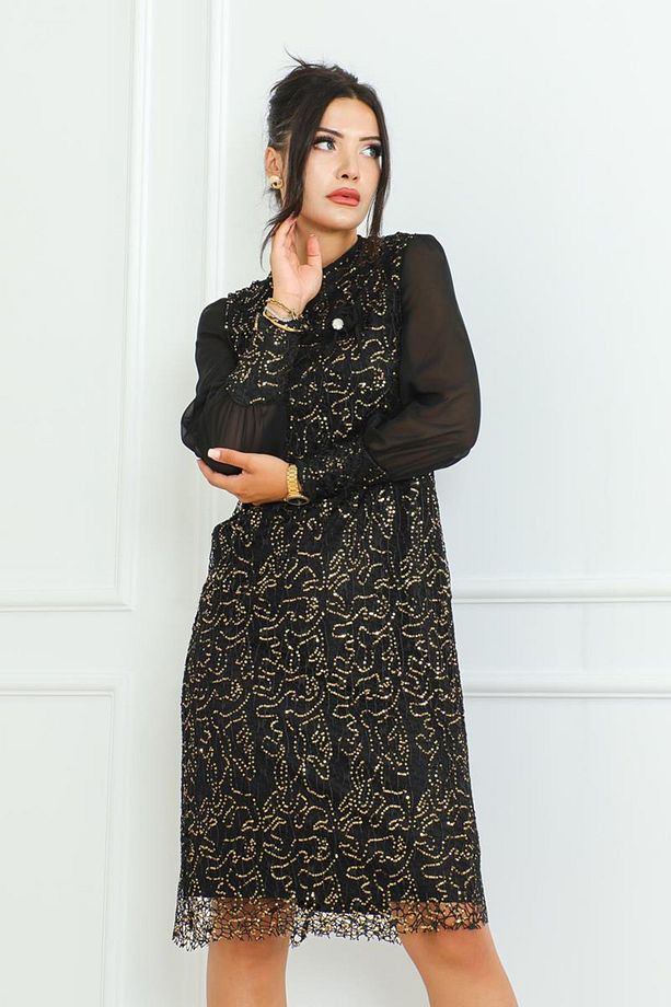 Kadın Giyim Abiye Moda File Pul Payet Kısa Abiye Elbise 2728 Siyah-gold - 6