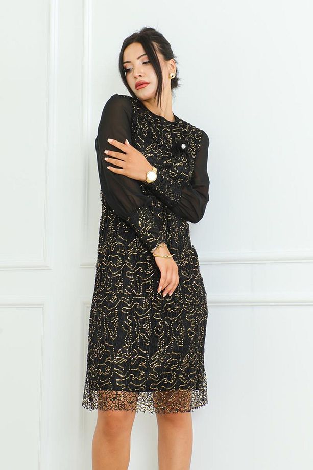 Kadın Giyim Abiye Moda File Pul Payet Kısa Abiye Elbise 2728 Siyah-gold - 2