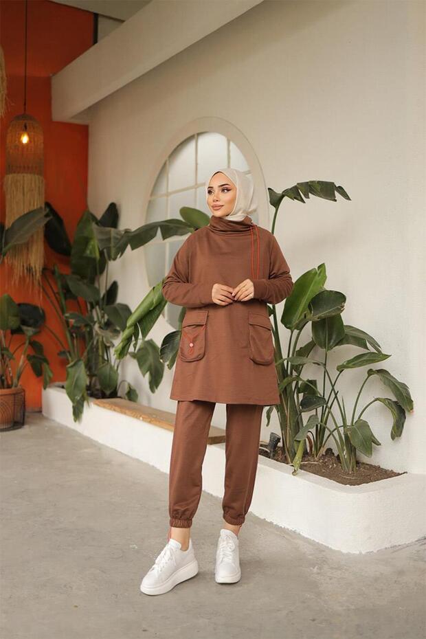 Trn2080 Brown Color Neon Elastic Double Tracksuit Set