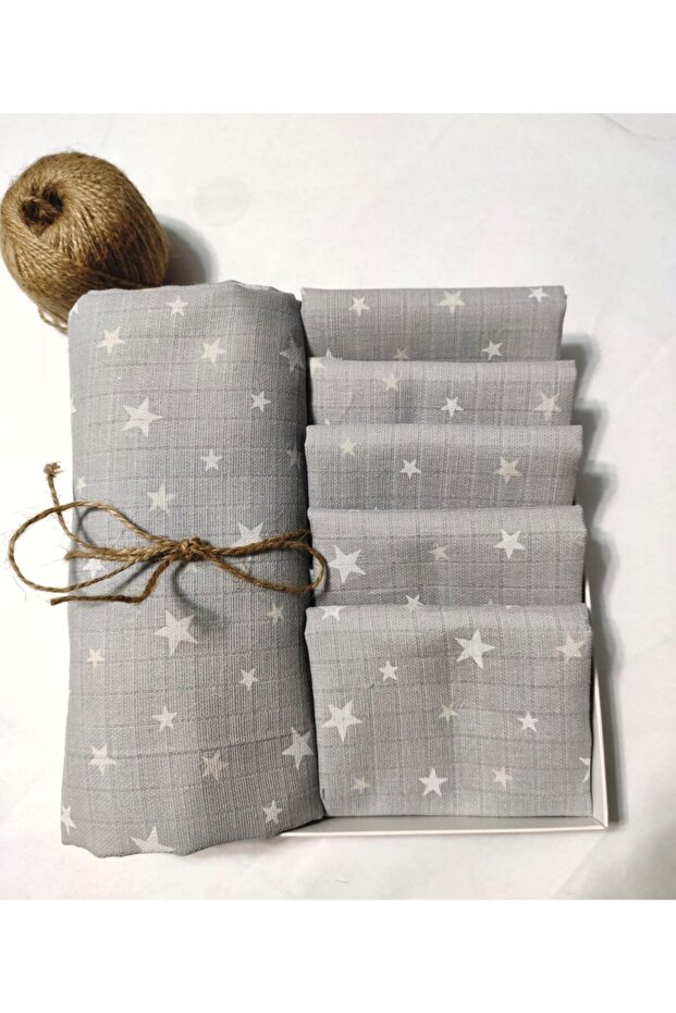 Gray Stars Muslin Set Blanket 100X120 Handkerchief 30X33 5 Pieces