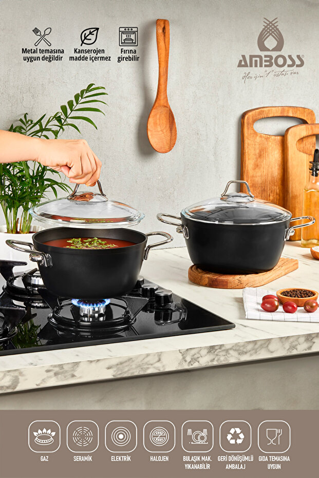 Dark Granite Deep Pot with Glass Lid Fireproof Non-Stick Titanium Coating - 22 Cm