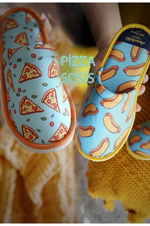 Unisex Pizza and Hot Dog Patterned Soft Sole Slippers (Set of 2)
