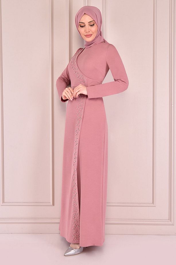 Kadın Giyim Abiye Moda Taş Işlemeli Uzun Tesettür Elbise 2459 Gül Kurusu - 5