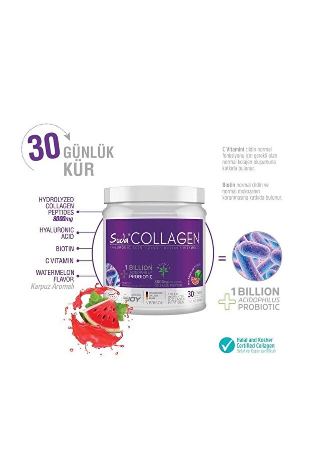 Kolajen + Probiotic Karpuz Aromalı 300gr - 8000 mg Hidrolize Collagen Peptit - Tip1,Tip3 - 4
