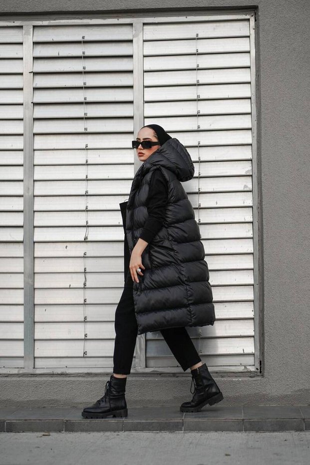 Hooded Long Puffer Vest NST1616 Black