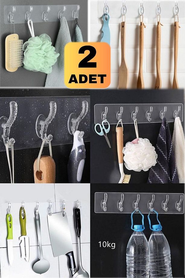 2 Adet 5 Kancalı Şeffaf Mutfak Banyo Askılığı Güçlü Yapışkanlı Askılık Set 5'li Tek Kapı Duvar Askı - 6
