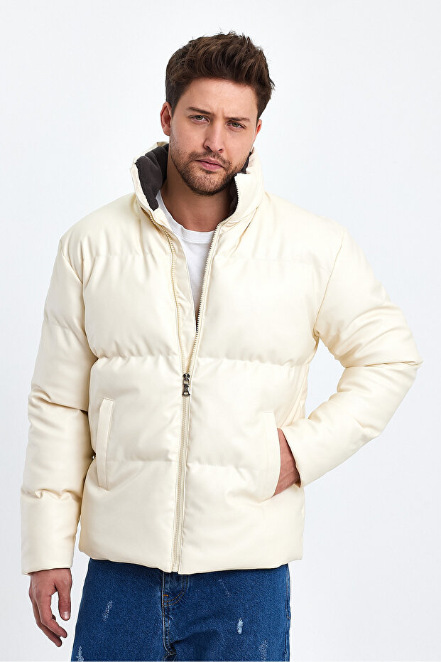 Stand Collar Leather Puffer Jacket Af-K50641Prm