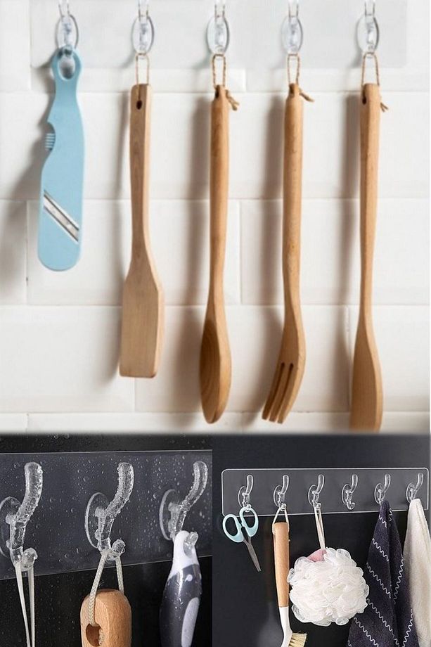 2 Adet 5 Kancalı Şeffaf Mutfak Banyo Askılığı Güçlü Yapışkanlı Askılık Set 5'li Tek Kapı Duvar Askı - 3