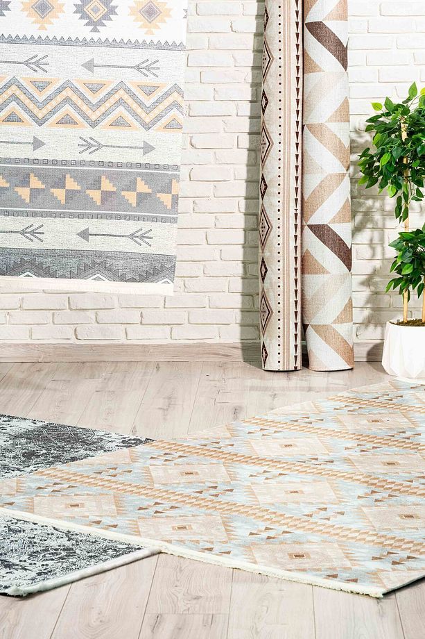 Abstract Desenli Gri Siyah Yıkanabilir Kaymaz Taban Şönil Salon Mutfak Halısı 7354 - 8