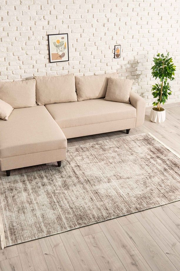 Abstract Desenli Krem Yıkanabilir Kaymaz Taban Şönil Koridor Salon Mutfak Halısı 8103 - 4