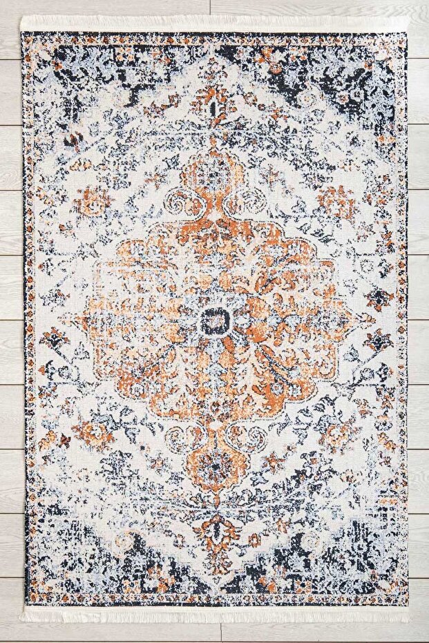Ethnic Patterned Cream Woven Rug Washable Chenille Machine Rug Fringed Non-Slip Sole Rug 7428