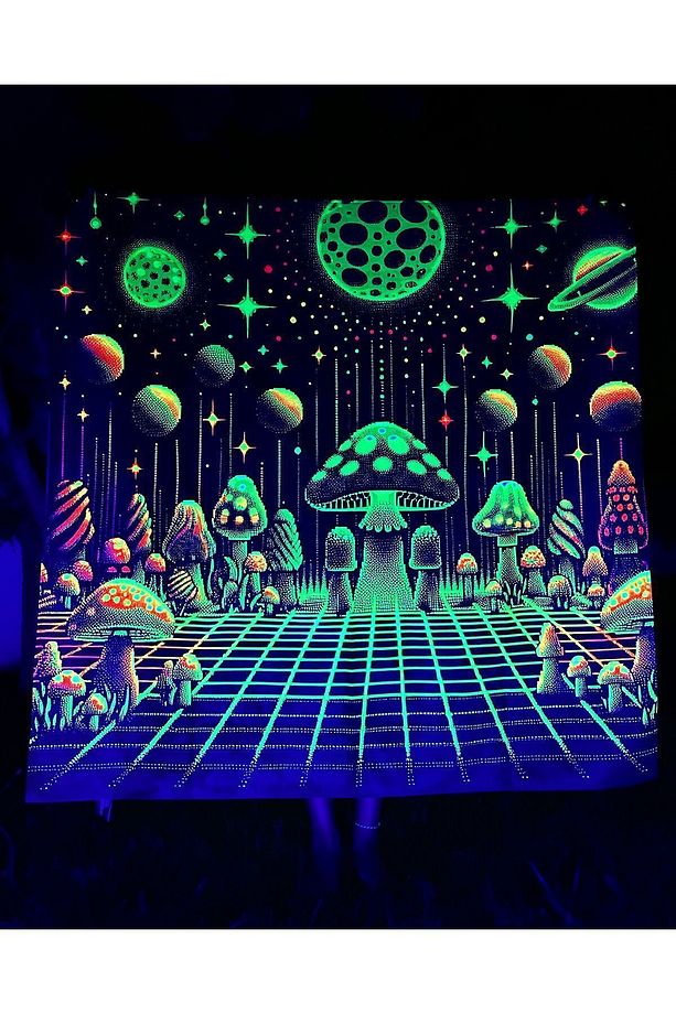 Mushrooms in the Matrix / Blacklight ile Parlayan Neon Duvar Örtüsü Kalın ve Ağır Kumaş Tapestry - 3