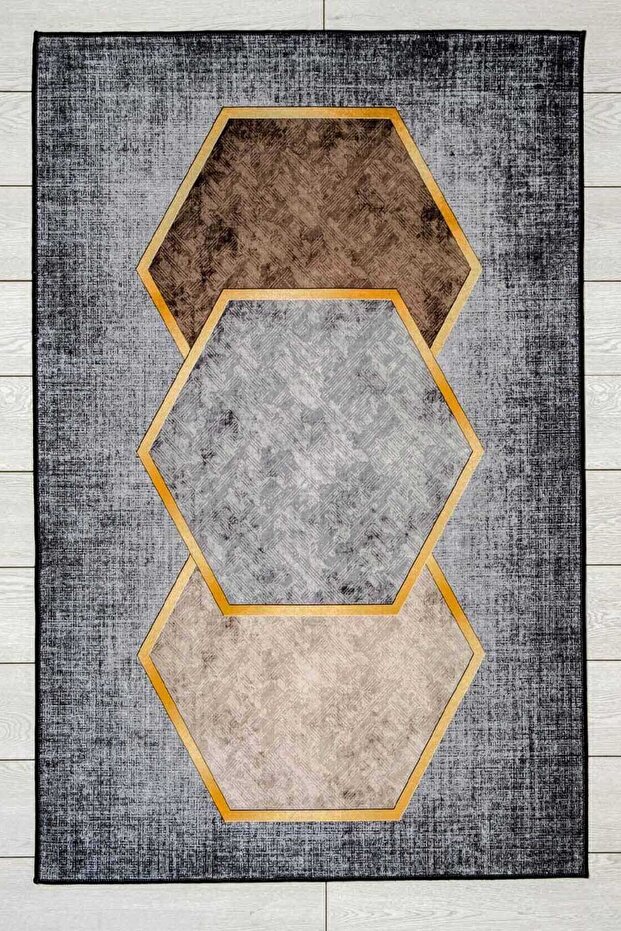 Modern Patterned Gray Brown Cream Washable Non-Slip Base Velvet Carpet 7125