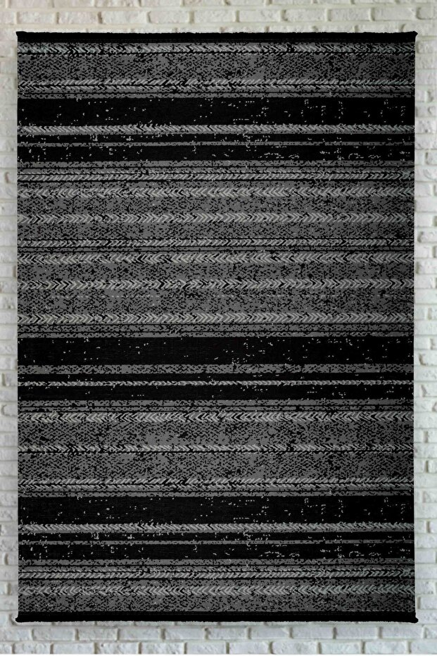 Linear Patterned Black Gray Washable Non-Slip Base Chenille Carpet 7935