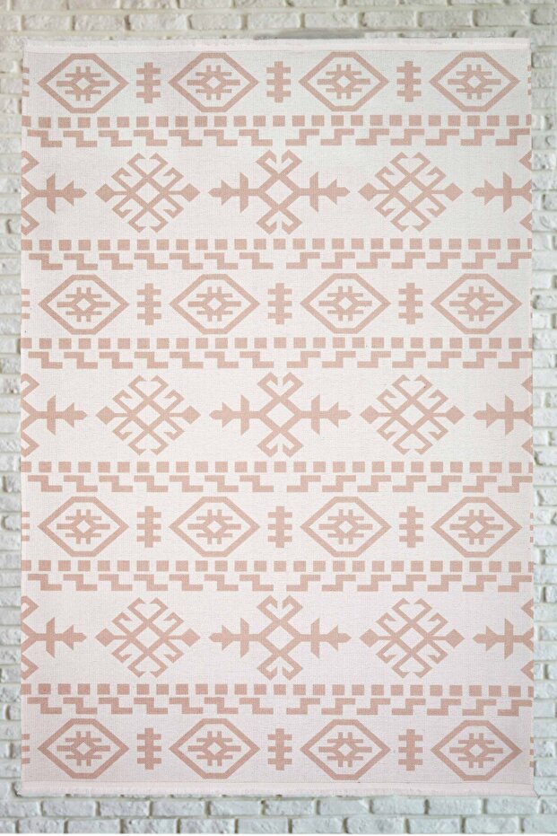 Nordic Patterned Cream Brown Washable Non-Slip Base Chenille Carpet 7798