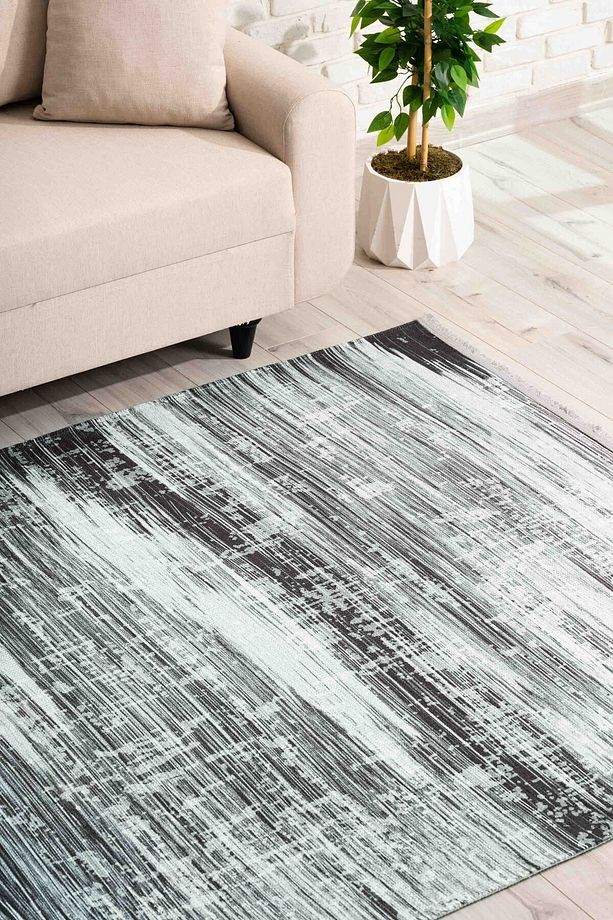 Abstract Desenli Gri Siyah Yıkanabilir Kaymaz Taban Şönil Koridor Salon Mutfak Halısı 7832 - 6