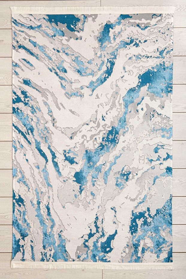 Modern Patterned Woven Carpet Blue Washable Chenille Machine Carpet Fringed Non-Slip Base Carpet 7314