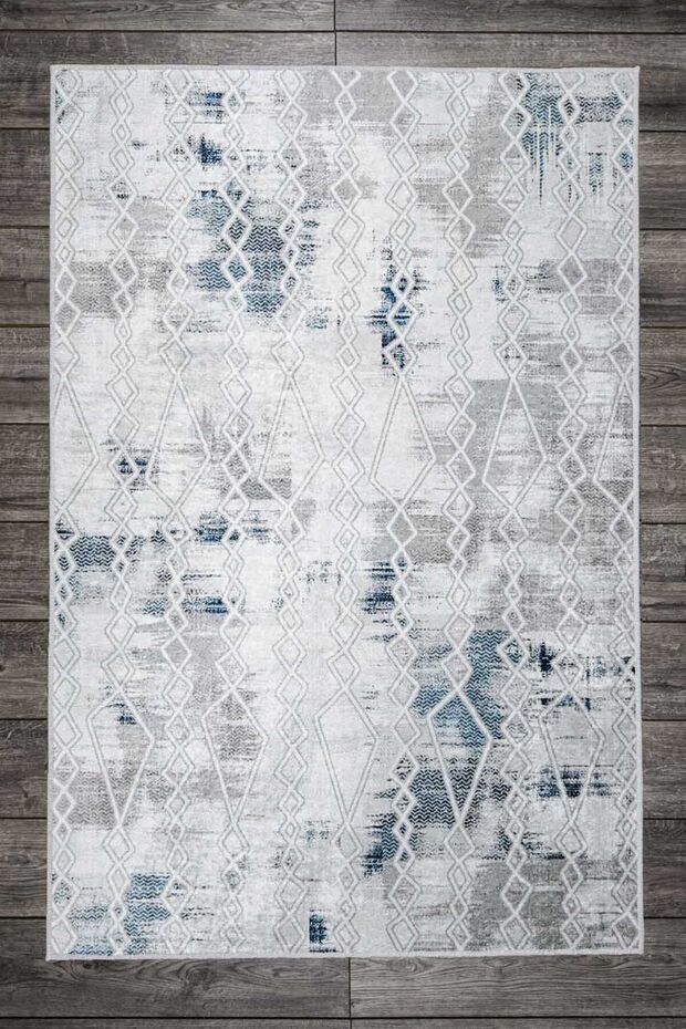 Modern Patterned White Gray Blue Washable Non-Slip Base Velvet Runner Hallway Carpet 7018